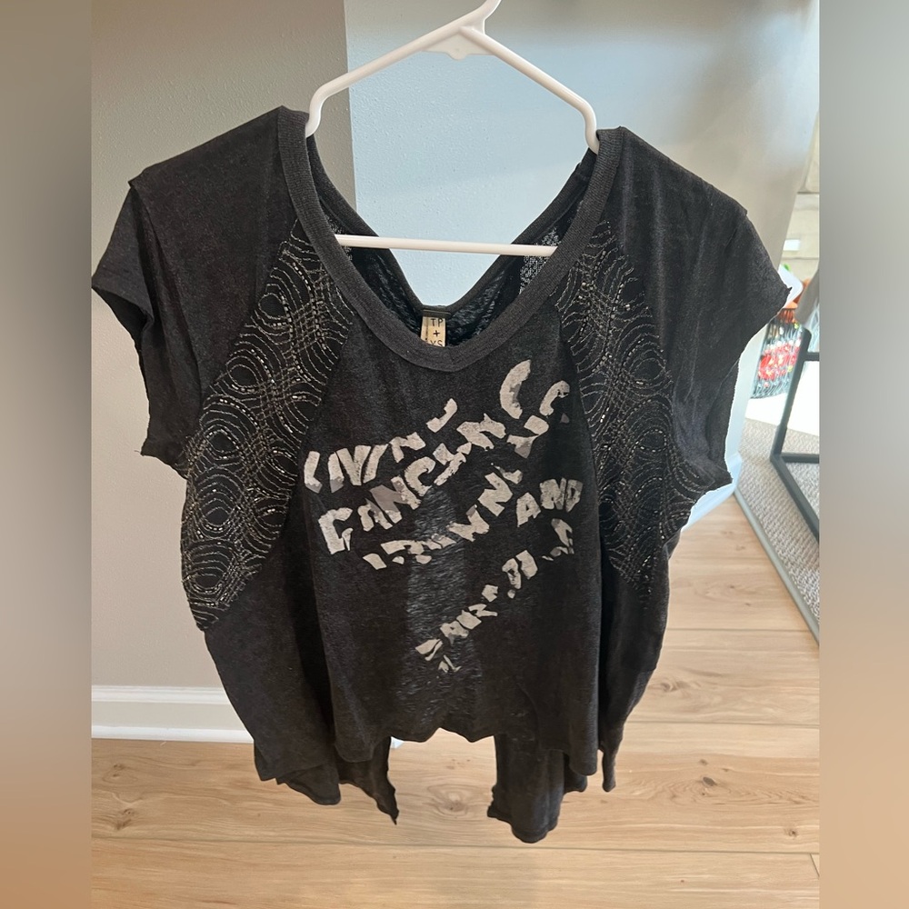 Free People Graphic embroidered meshed embellished tee